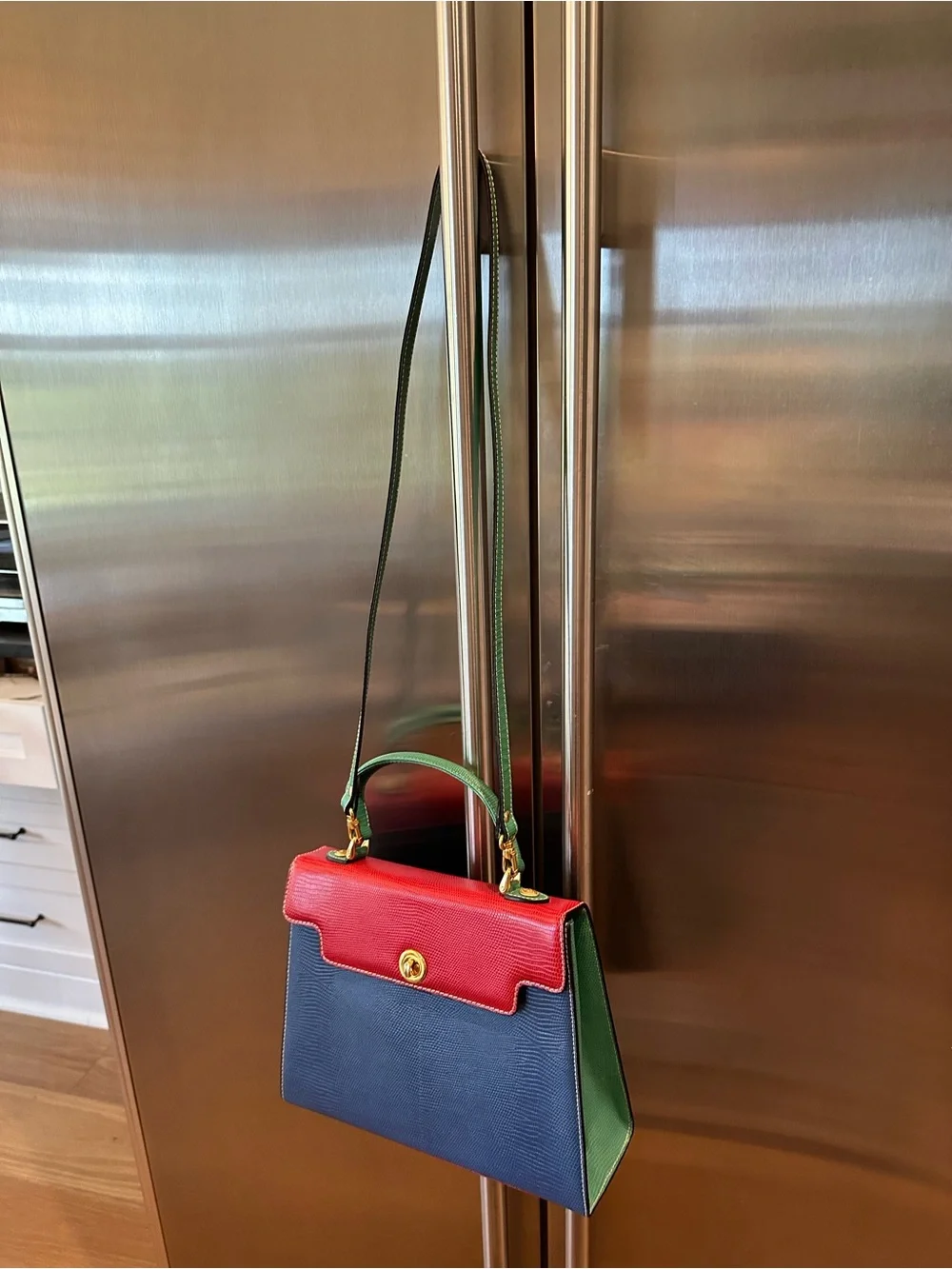 Didier Lamarthe Vintage Structured Leather Satchel in Red, Blue & Green